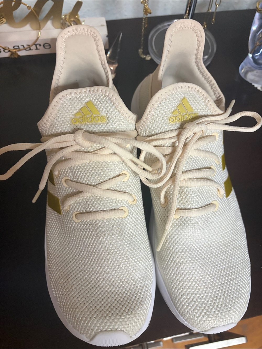 adidas Cream Knit Sneakers with Gold Logo Accents